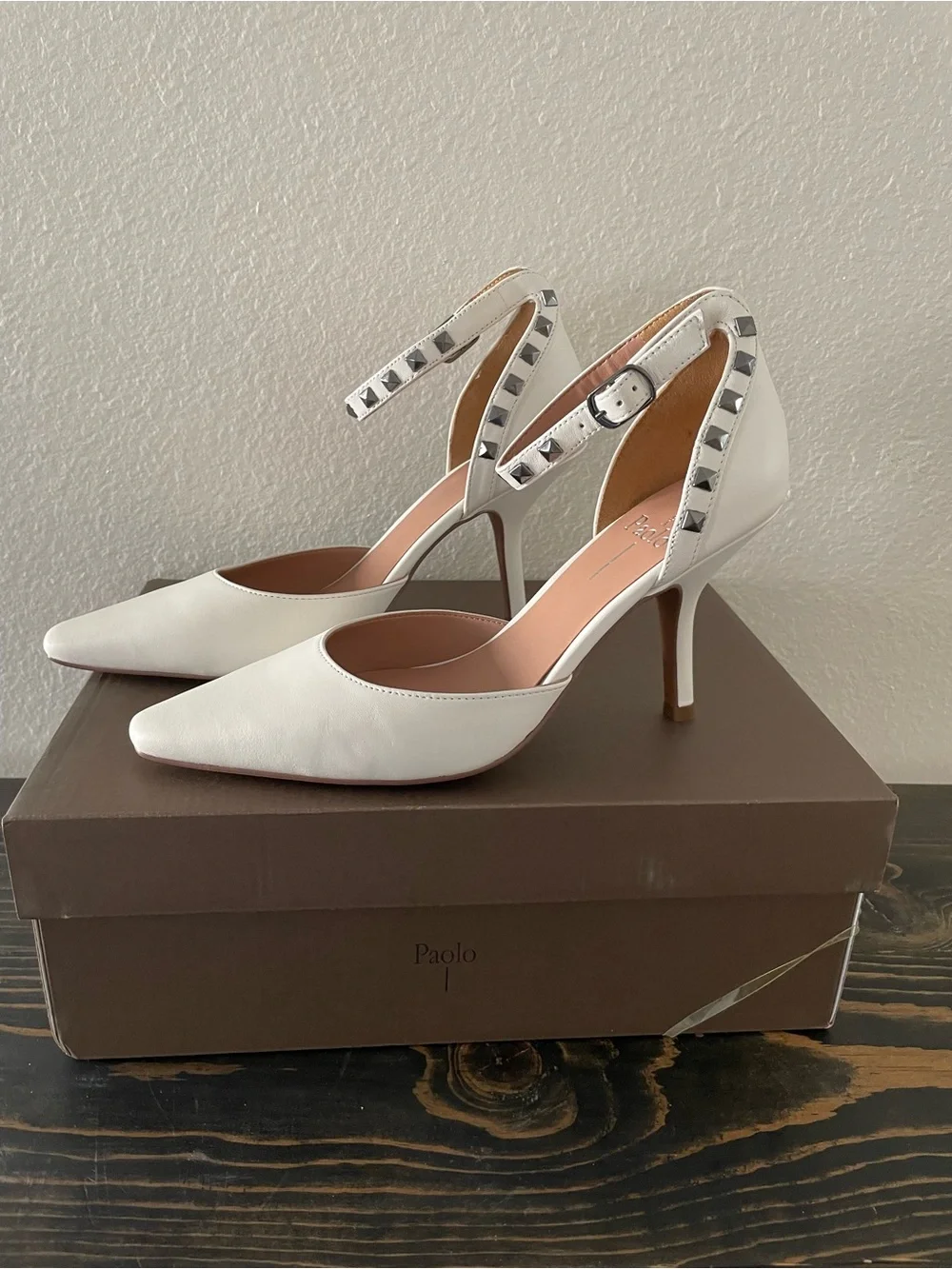 Paolo Leather Studded Ankle-Strap Heels in eggshell
